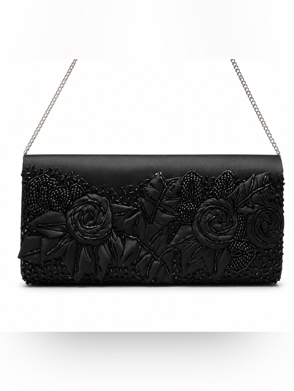 Black Floral Appliqué Evening Clutch with Chain Strap